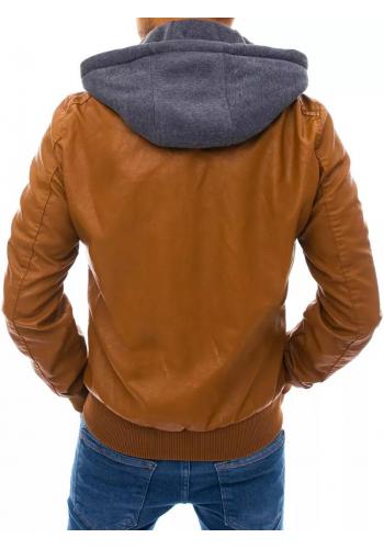 Khaki kožená bunda s odepínací kapucí pro pány