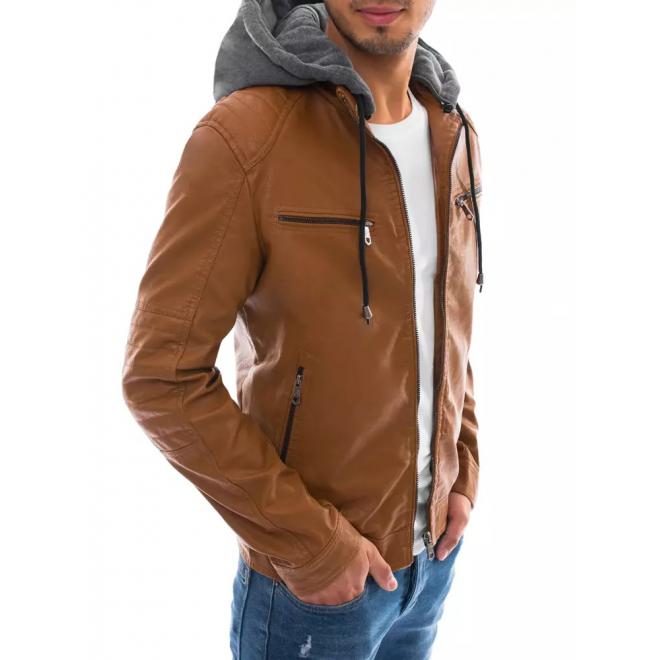 Khaki kožená bunda s teplákovou kapucí pro pány