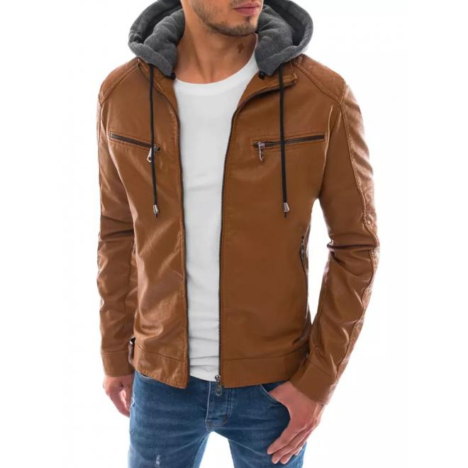 Khaki kožená bunda s teplákovou kapucí pro pány