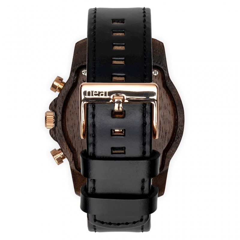 Pánské dřevěné hodinky s koženým páskem v černé barvě