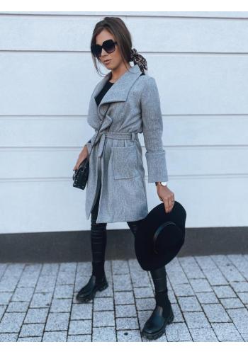 Stylový dámský kabát šedé barvy s vázáním v pase
