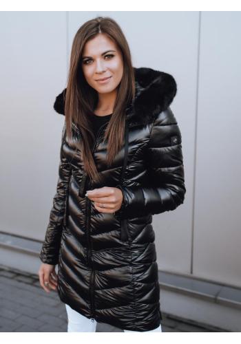 Lesklá dámská prošívaná bunda černé barvy s kapucí