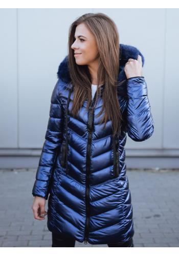 Lesklá dámská prošívaná bunda tmavě modré barvy s kapucí