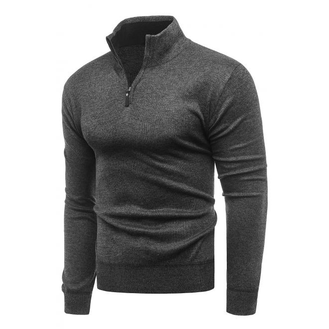 Pánský podzimní svetr s výstřihem na zip v tmavě šedé barvě
