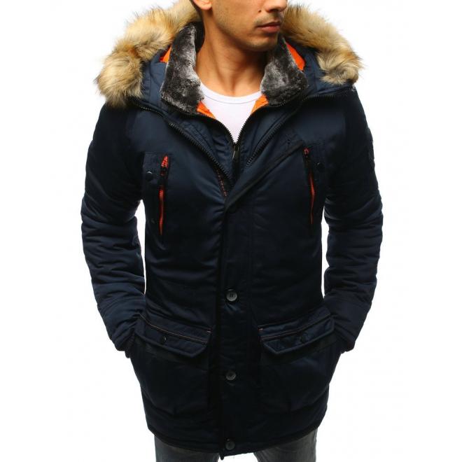 Pánská delší zimní bunda s kapucí v tmavě modré barvě