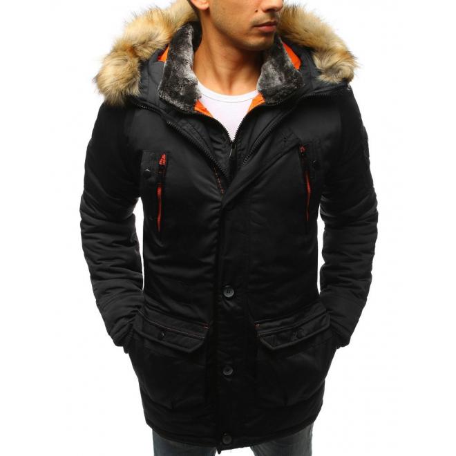 Delší pánská zimní bunda černé barvy s kapucí