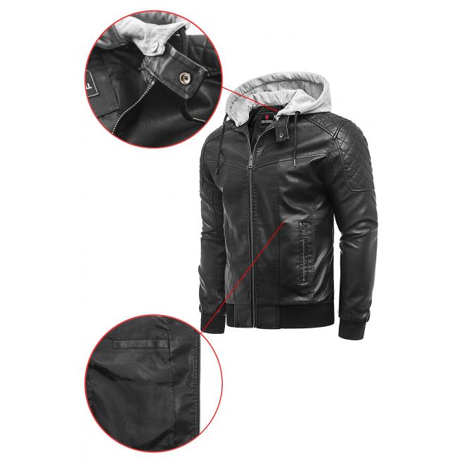 Kožená pánská bunda černé barvy s teplákovou kapucí