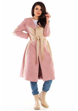 Dámský dlouhý semišový kabát s páskem v růžovo-béžové barvě