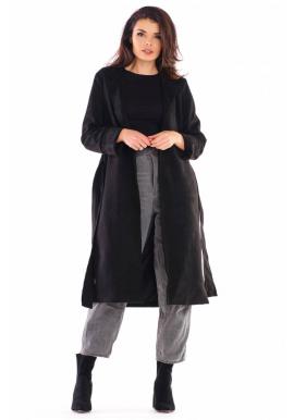 Semišový dámský kabát černé barvy s páskem