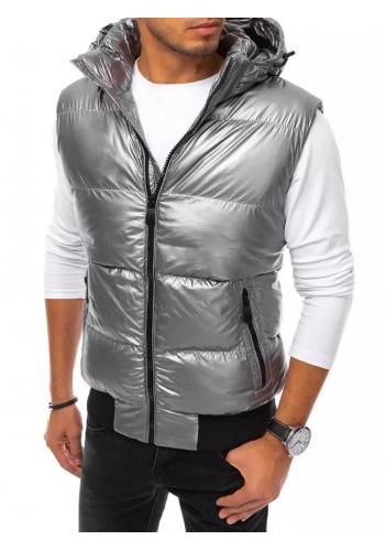 Stříbrná prošívaná vesta s odepínací kapucí pro pány