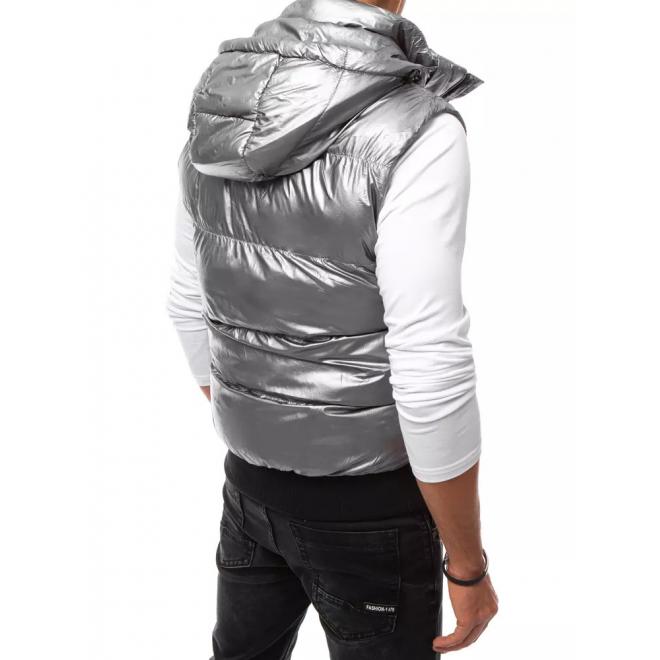 Stříbrná prošívaná vesta s odepínací kapucí pro pány