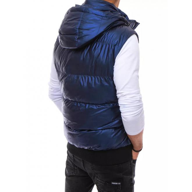 Prošívaná pánská vesta tmavě modré barvy s odepínací kapucí