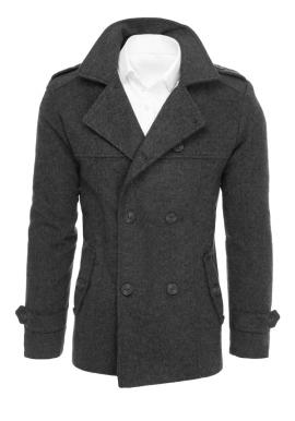 Pánský dvouřadý kabát s páskem v tmavě šedé barvě