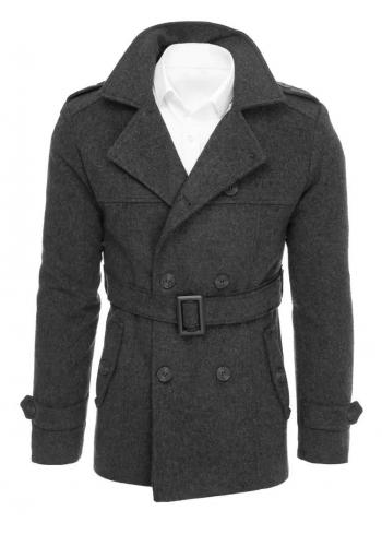 Pánský dvouřadý kabát s páskem v tmavě šedé barvě