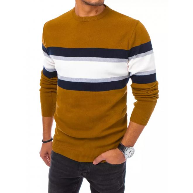 Pánský módní svetr s kontrastními pruhy ve velbloudí barvě