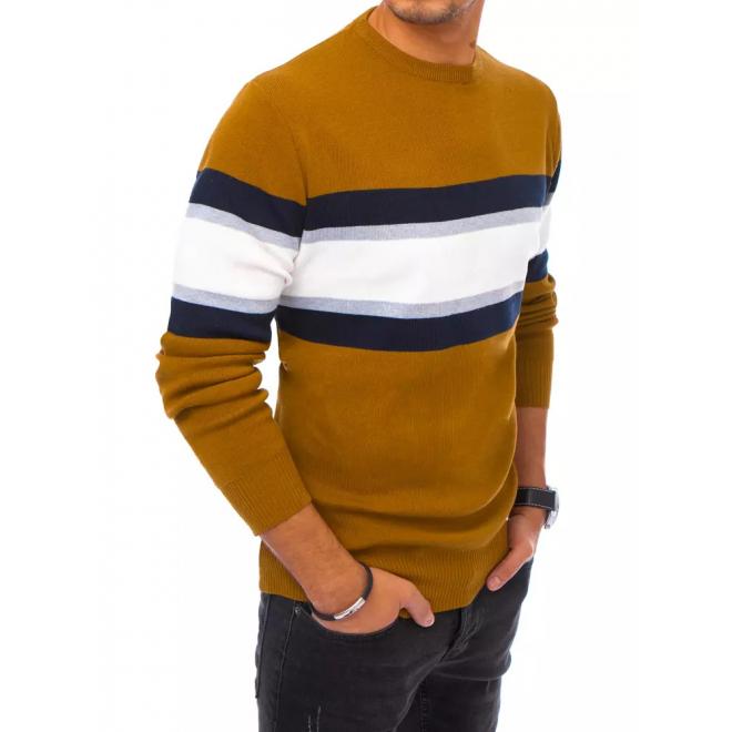 Pánský módní svetr s kontrastními pruhy ve velbloudí barvě