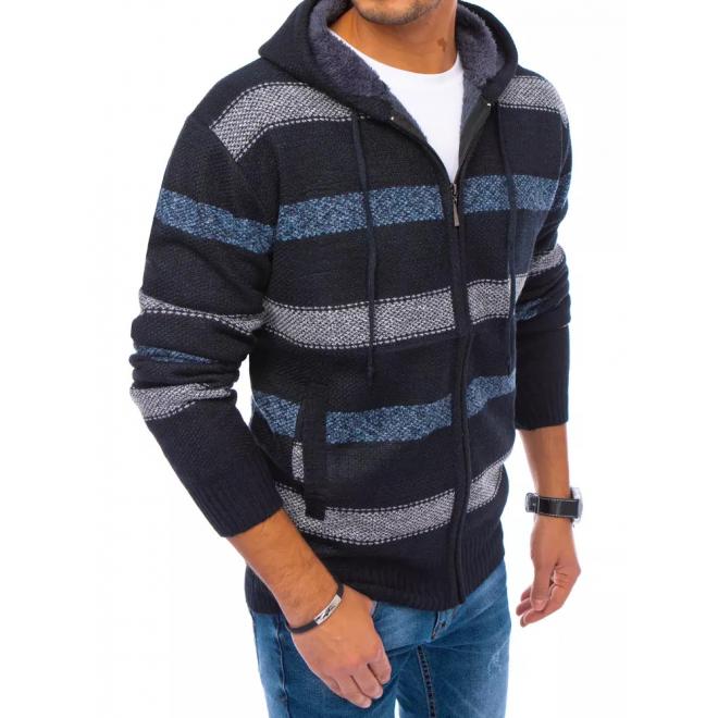 Tmavě modrý zapínaný svetr s kapucí as pruhy pro pány