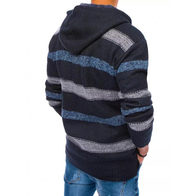 Tmavě modrý zapínaný svetr s kapucí as pruhy pro pány