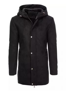 Dlouhý pánský kabát černé barvy s kapucí