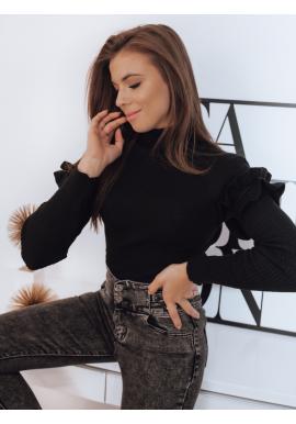 Přiléhavý dámský svetr černé barvy s volány na rukávech