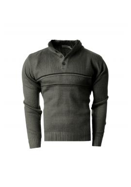 Teplý pánský svetr khaki barvy s knoflíkovým výstřihem