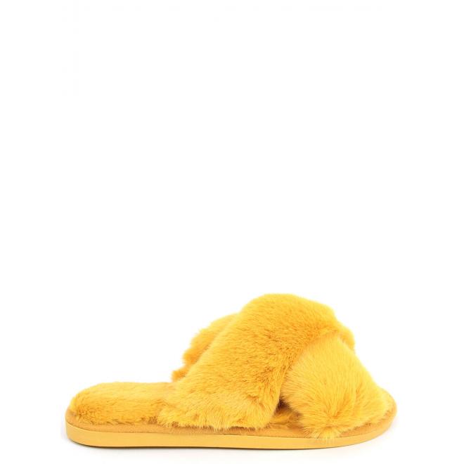 Žluté stylové pantofle s nadýchanou kožešinou pro dámy