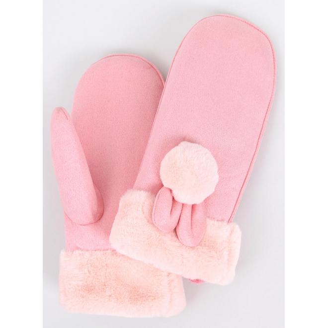 Růžové jednopalcové semišové rukavice s ušima pro dámy