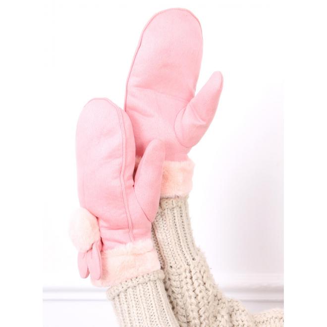 Růžové jednopalcové semišové rukavice s ušima pro dámy
