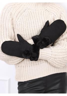 Jednopalcové dámské semišové rukavice černé barvy s ušima