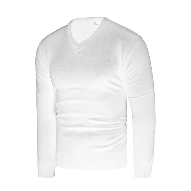Pánský jednobarevný svetr s véčkovým výstřihem v bílé barvě