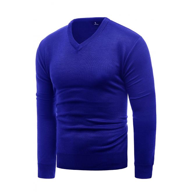 Modrý jednobarevný svetr s véčkovým výstřihem pro pány