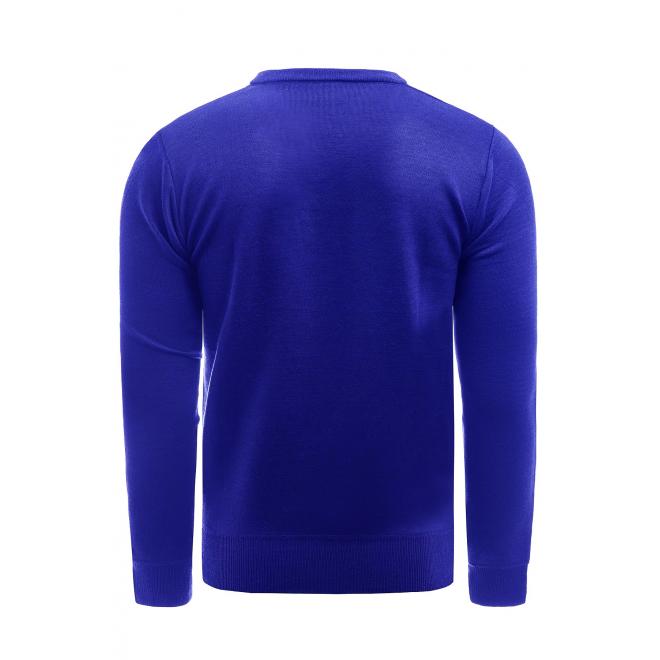 Modrý jednobarevný svetr s véčkovým výstřihem pro pány