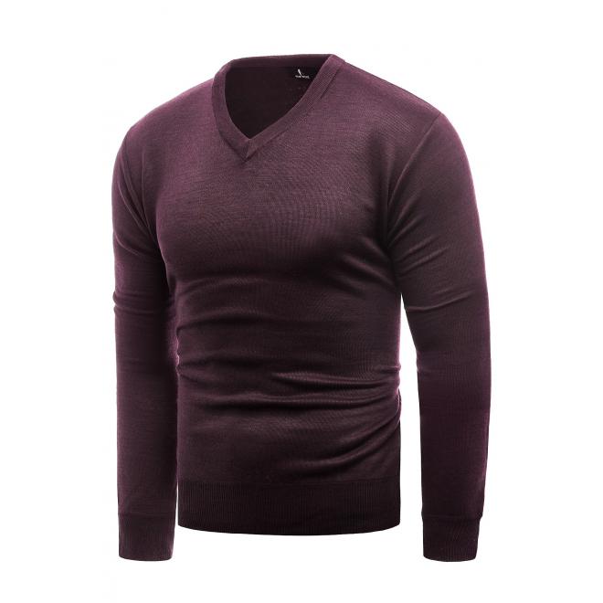 Bordový jednobarevný svetr s véčkovým výstřihem pro pány