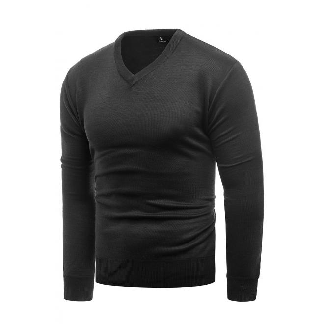 Jednobarevný pánský svetr černé barvy s véčkovým výstřihem