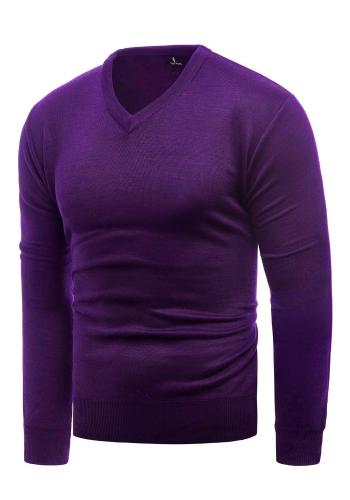Fialový jednobarevný svetr s véčkovým výstřihem pro pány