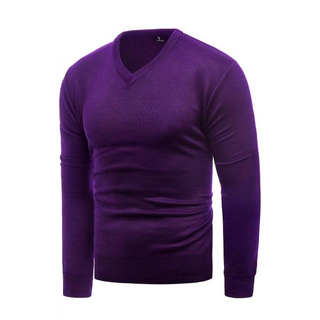 Fialový jednobarevný svetr s véčkovým výstřihem pro pány