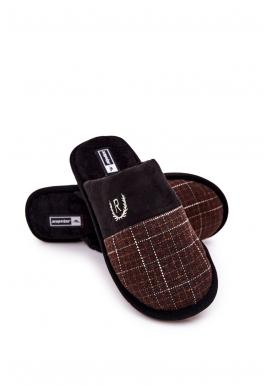 Kostkované pánské pantofle černo-hnědé barvy s kožíškem