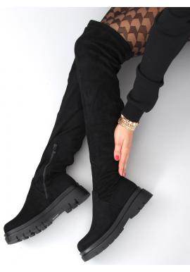 Černé semišové boty nad kolena s vysokou podrážkou pro dámy