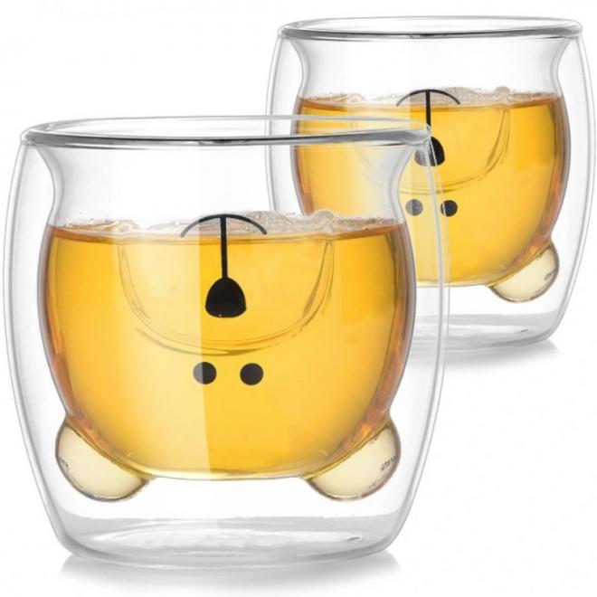 Sada dvou dvoustěnných skleněných sklenic v podobě medvěda