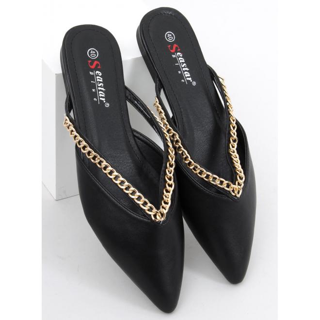 Černé kožené špičaté pantofle se zlatým řetízkem pro dámy