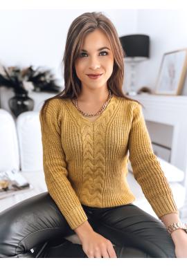 Žlutý dámský svetr s ozdobným pletením