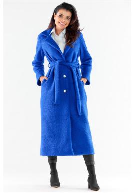 Modrý dlouhý dámský kabát s páskem