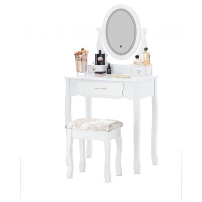 Levně Bílý kosmetický stolek s LED zrcadlem a taburetkou