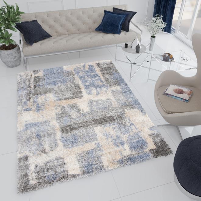 Levně Modrý shaggy koberec se vzorem