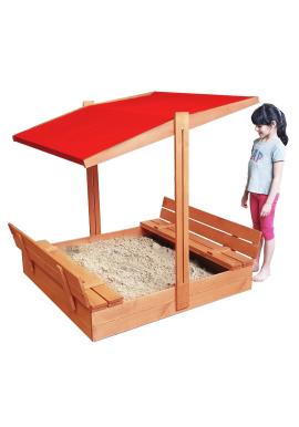 Dřevěné pískoviště s červenou stříškou - 120x120 cm