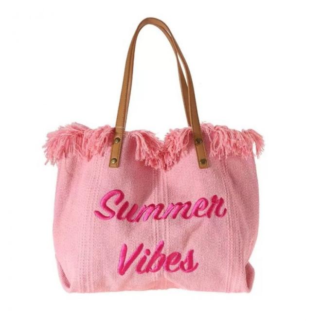Plážová taška s třásněmi v růžové barvě
