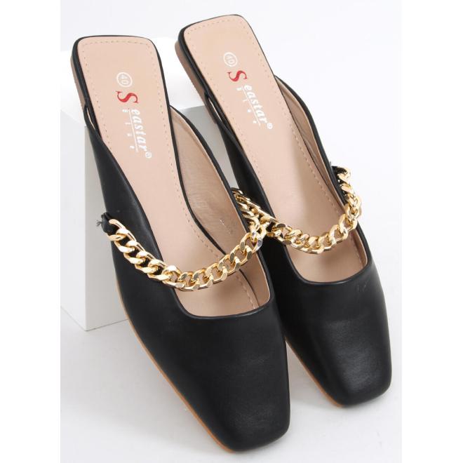 Dámské lícové pantofle se zlatým řetízkem v černé barvě