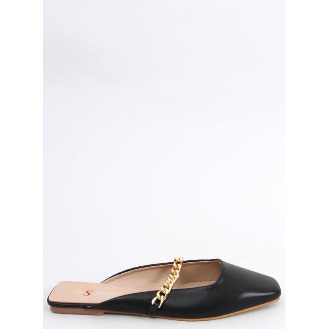 Dámské lícové pantofle se zlatým řetízkem v černé barvě