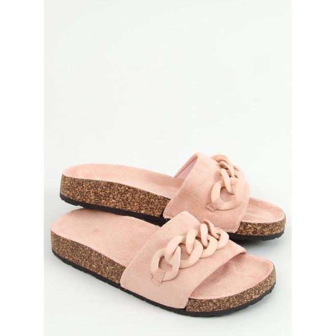 Dámské semišové pantofle s řetízkem v růžové barvě