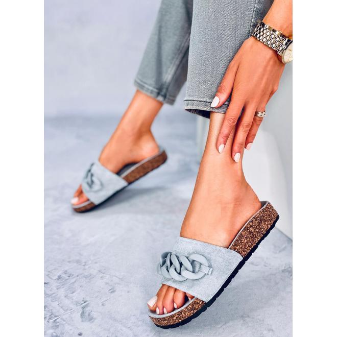 Semišové dámské pantofle šedé barvy s řetízkem